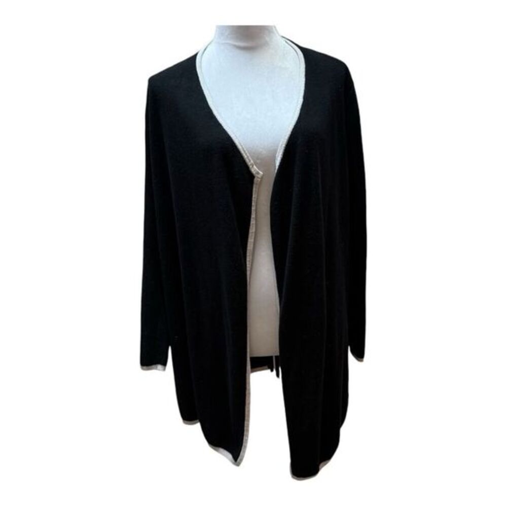 Ann Taylor Women Medium Black White Trim Open Front Cardigan Sweater Long Sleeve